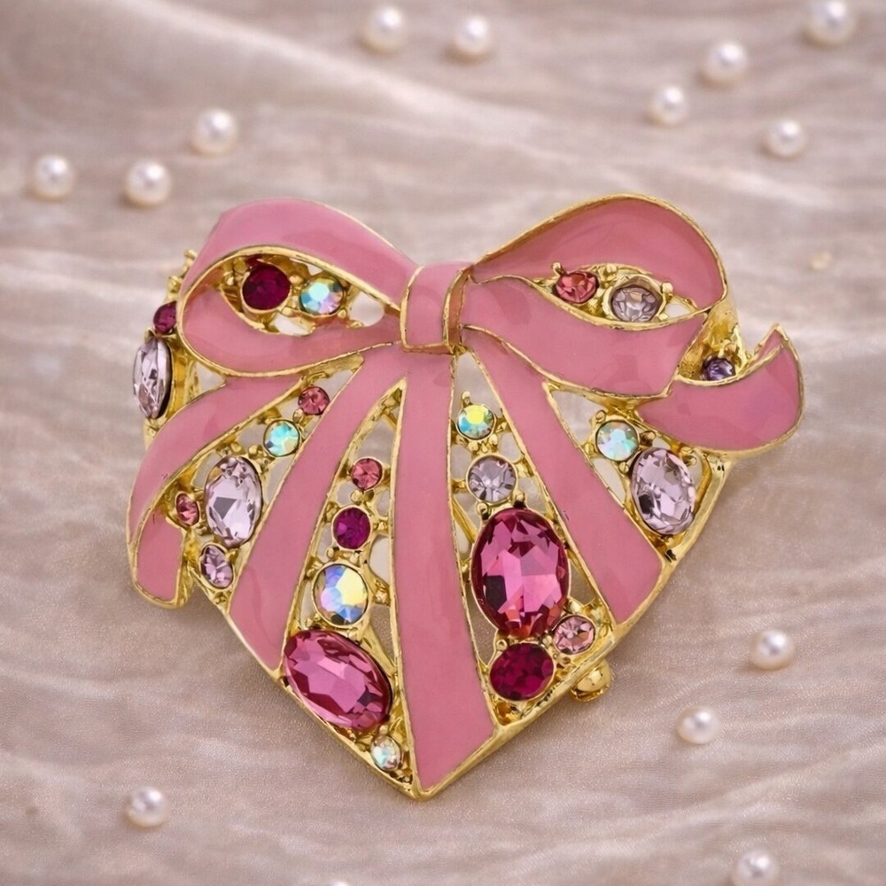 Vintage Pink Heart Bow Crystal Brooch